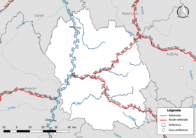 Carte du réseau routier national (autoroutes et routes nationales) dans le département de la Lozère