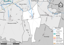 Carte en couleur présentant le réseau hydrographique de la commune