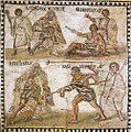 Mosaic, 4th century BC, showing a retiarius or "net fighter", with a trident and cast net, fighting a secutor.