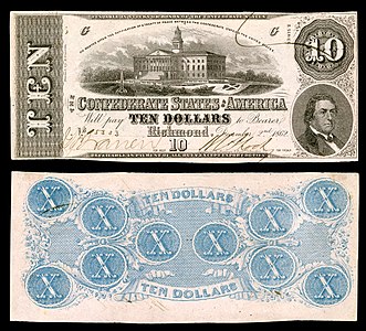 Ten Confederate States dollar (T52), by Keatinge & Ball