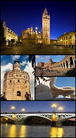 Clockwise from top: Seville Cathedral and Giralda, Plaza de España in the Maria Luisa Park, Metropol Parasol, the Isabel II ("Triana") bridge and the Torre del Oro.