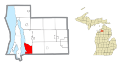 Location within Antrim County (red) and the administered community of Alden (pink)