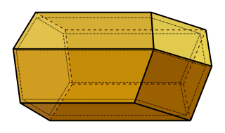 A computer-generated model of a honeycomb cell, showing a hexagonal tube terminating in three equal rhombuses that meet at a point on the axis of the cell.