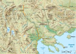 Topographic map of Macedonia, with the main roads and cities