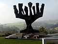 Menorah memorial of the State of Israel with memorial wreaths, KZ Mauthausen memorial, Austria