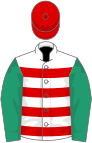 White, red hoops, emerald green sleeves, red cap