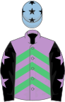 Mauve and emerald green chevrons, black sleeves, mauve stars, light blue cap, black stars