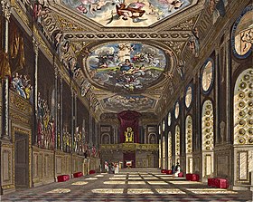 Three pictures show a changing room over time; in the first painting the room is characterised by tall, curved windows and elaborate painted ceilings. In the second painting, the room has been almost doubled in length, with arches and a wooden beamed ceiling. In the third photograph, the ceiling is made of fresh oak and a large red carpet has been installed.