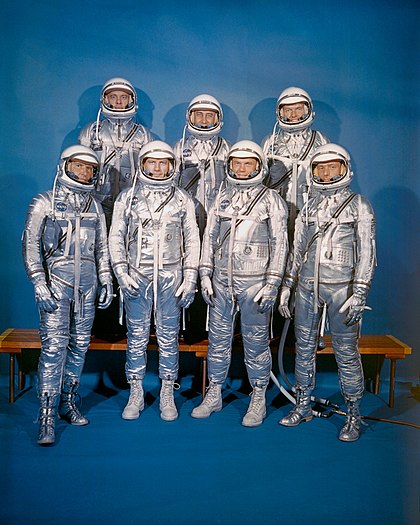 A 1960 group photo of the Mercury Seven astronauts, all of whom were serving members of the US military