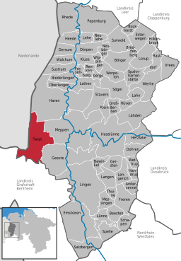 Läget för kommunen Twist, Niedersachsen i Landkreis Emsland