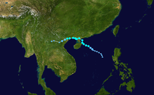 A track map showing the path of a tropical storm over the South China Sea. It moved in west-northwestward to northwestward motion until it reaches the northeast tip of Hainan, at which point it abruptly turns to the north for a brief time. It shifts to an erratic westward motion that keeps it near the coast of China, eventually bending gently to the west-southwest as it continues into Vietnam.