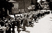 Residents of Kyiv Oblast are moving towards the collective dispatch of Ostarbeiter to Germany. Nekrasivska Street, Kyiv 1942