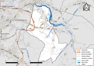 Carte en couleur présentant le réseau hydrographique de la commune