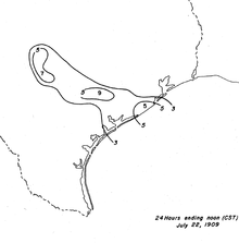 Black and white contoured map of rainfall totals, ranging from 3 in (76 mm) to 9 in (230 mm).