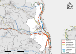 Carte en couleur présentant le réseau hydrographique de la commune