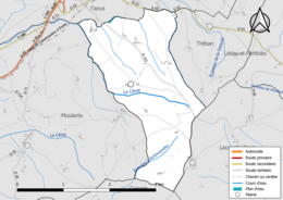 Carte en couleur présentant le réseau hydrographique de la commune