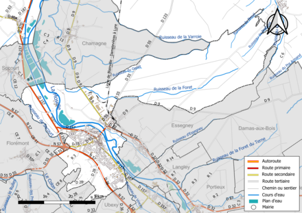 Carte en couleur présentant le réseau hydrographique de la commune