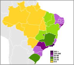 צפיפות אוכלוסין בברזיל, לפי מדינות