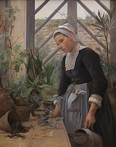 Breton Girl Looking After Plants in the Hothouse, at and by Anna Petersen