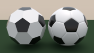 The truncated icosahedron (left) compared with an association football