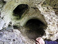 Moulage négatif d’un tronc d'arbre pris dans le tuf de la cascade de Costeplane, Le Lauzet-Ubaye, Alpes-de-Haute-Provence, France.