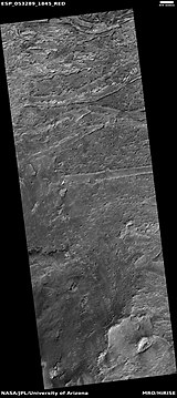 Wide view of layers in Crommelin crater, as seen by HiRISE . Parts of this photo are enlarged in following images.