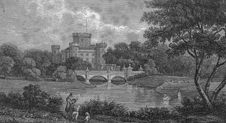 Eglinton castle and bridge. This shows three arches and other differences compared with the surviving bridge.[37]