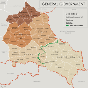 Administrative map of the General Government in August 1941 following Barbarossa. District of Kraków, lower centre