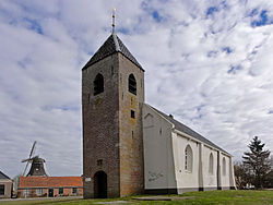 Michaelkerk with windmill on the left