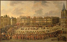 Photo du tableau La Procession de Lille représentant la grand-place avec à gauche la grande garde et la majorité du tableau représente des corps militaires équestres ou piétons.