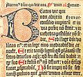Salterio de Maguncia, impreso en 1457 por Johannes Gutenberg. La principal letra capital y el borde están hechos en xilografía, así como las letras capitales más pequeñas en rojo; el resto del texto está hecho con tipo móvil.