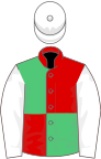 Red and emerald green (quartered), white sleeves and cap