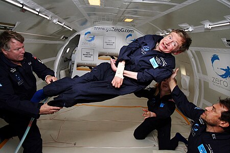 Stephen Hawking during a zero-gravity flight, by Jim Campbell/Aero-News Network