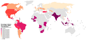 World map based on the results of a 2002 Pew Research Center study on the importance of religion.