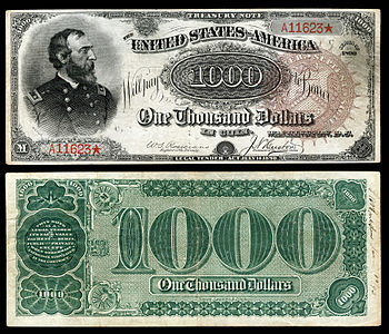 One-thousand-dollar Treasury Note from the series of 1890, by the Bureau of Engraving and Printing