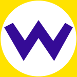 A white circle with a blue "W" inside it is seen over a yellow background.