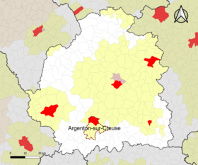 Localisation de l'aire d'attraction d'Argenton-sur-Creuse dans le département de l'Indre.