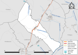 Carte en couleur présentant le réseau hydrographique de la commune