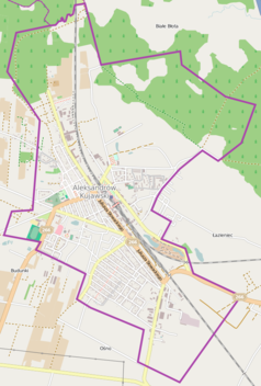 Mapa konturowa Aleksandrowa Kujawskiego, po lewej nieco na dole znajduje się punkt z opisem „Parafia NMP Wspomożenia Wiernych”