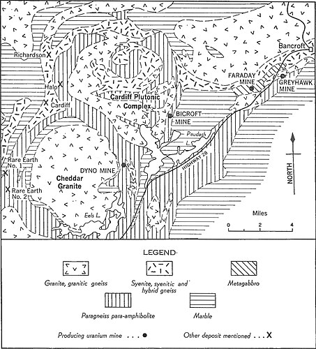 Map showing Bicroft mine in the centre, Dyno mine 4 miles to the South West, Faraday and Greyhawk mines 4 miles to the north east