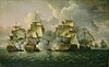 A painting of a battle at sea, several masted warships firing cannon at one another.