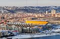 Heinz Field on the North Shore, with the Ohio River visible in the foreground and the Kamin Science Center to the left.