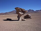 Un rocher-champignon sculpté par l'érosion éolienne dans la région de l'Altiplano en Bolivie (Wilken, 2002).