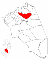 Location of Springfield Township in Burlington County highlighted in red (right). Inset map: Location of Burlington County in New Jersey highlighted in red (left).