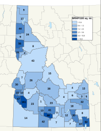 Distribuição de NRHPs nos condados do Idaho.