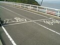 広島県と愛媛県の県境を示す路面標識（大崎下島広域農道・岡村大橋）