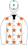 WHITE, orange stars, white sleeves, white cap, emerald green stars