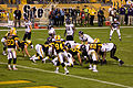 A game in 2008. Visible for the Steelers are LB Larry Foote (50), LB Lawrence Timmons (94), and DE/LB James Harrison (92). For the Ravens, TE #86 Todd Heap, FB #33 LeRon McClain, and QB #5 Joe Flacco can be seen.