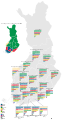 2022 Finnish county elections, 1379 squares, with colors for 7 middle parties, 2 minor parties + 1 locally major one