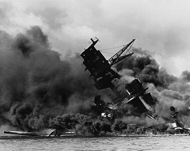 USS Arizona burning during the attack on Pearl Harbor, by the United States Navy (edited by Mmxx)